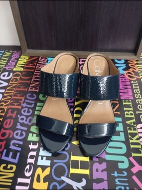 Calvin Klein Navy Blue Patent/Croc Double Strap Mules